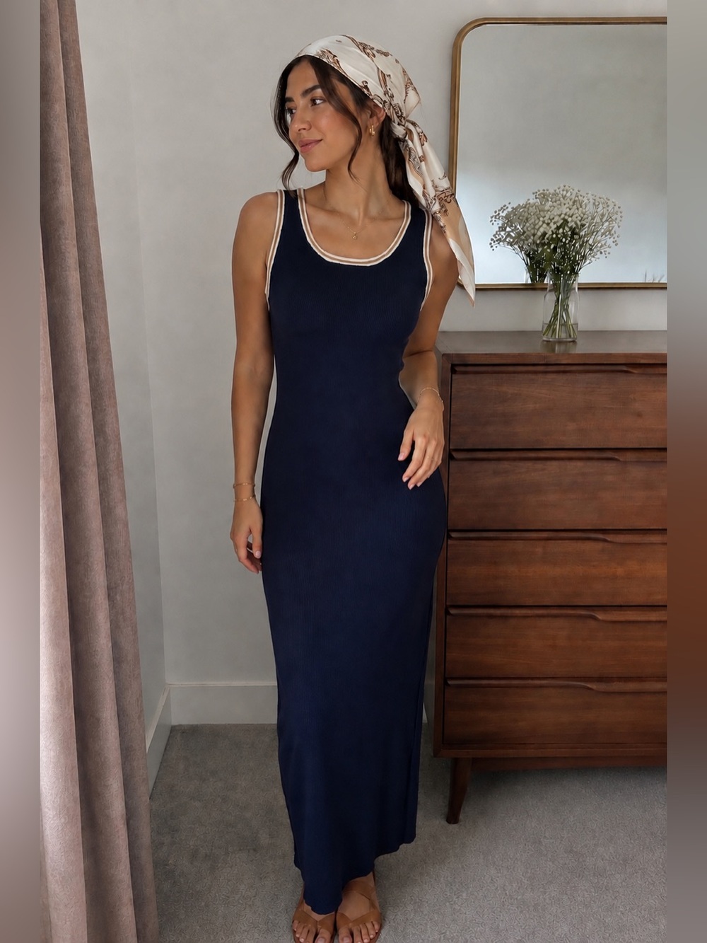 House of Harlow Sleeveless Navy Ribbed Midi Dress with Contrast Trim